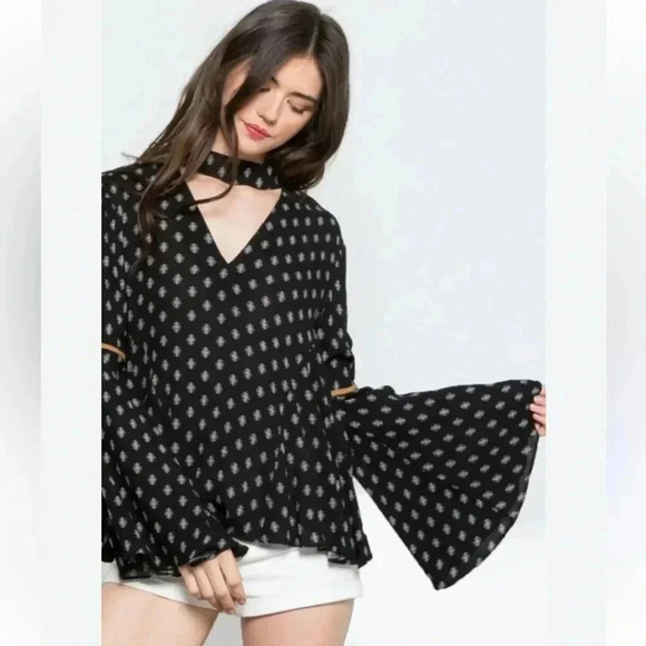 Anthropologie THML Black Pattern Bell Long Sleeve V-Neck Blouse Women’s Small - Picture 1 of 9